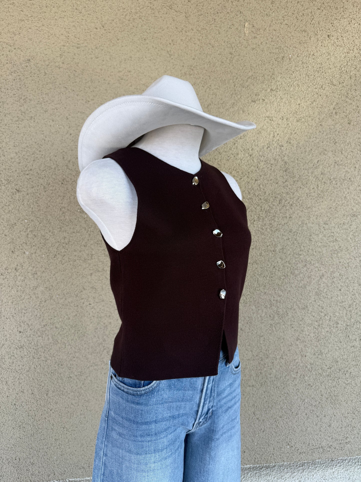 Knit Vest with Metal Button- Dark Brown