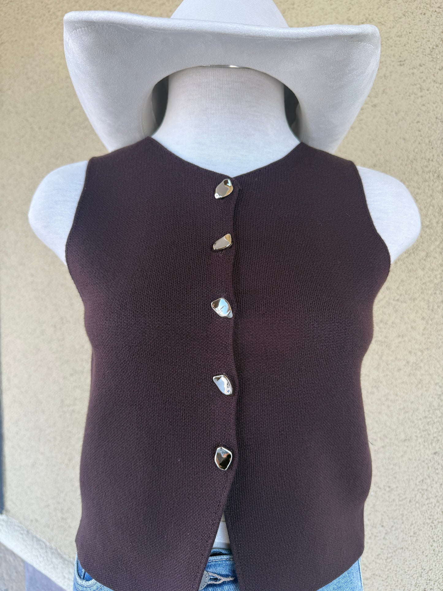 Knit Vest with Metal Button- Dark Brown