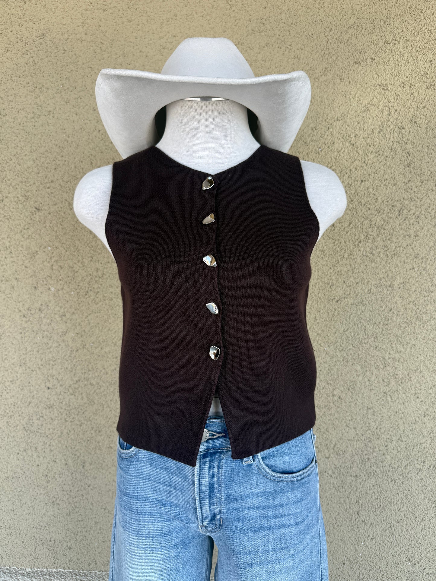 Knit Vest with Metal Button- Dark Brown