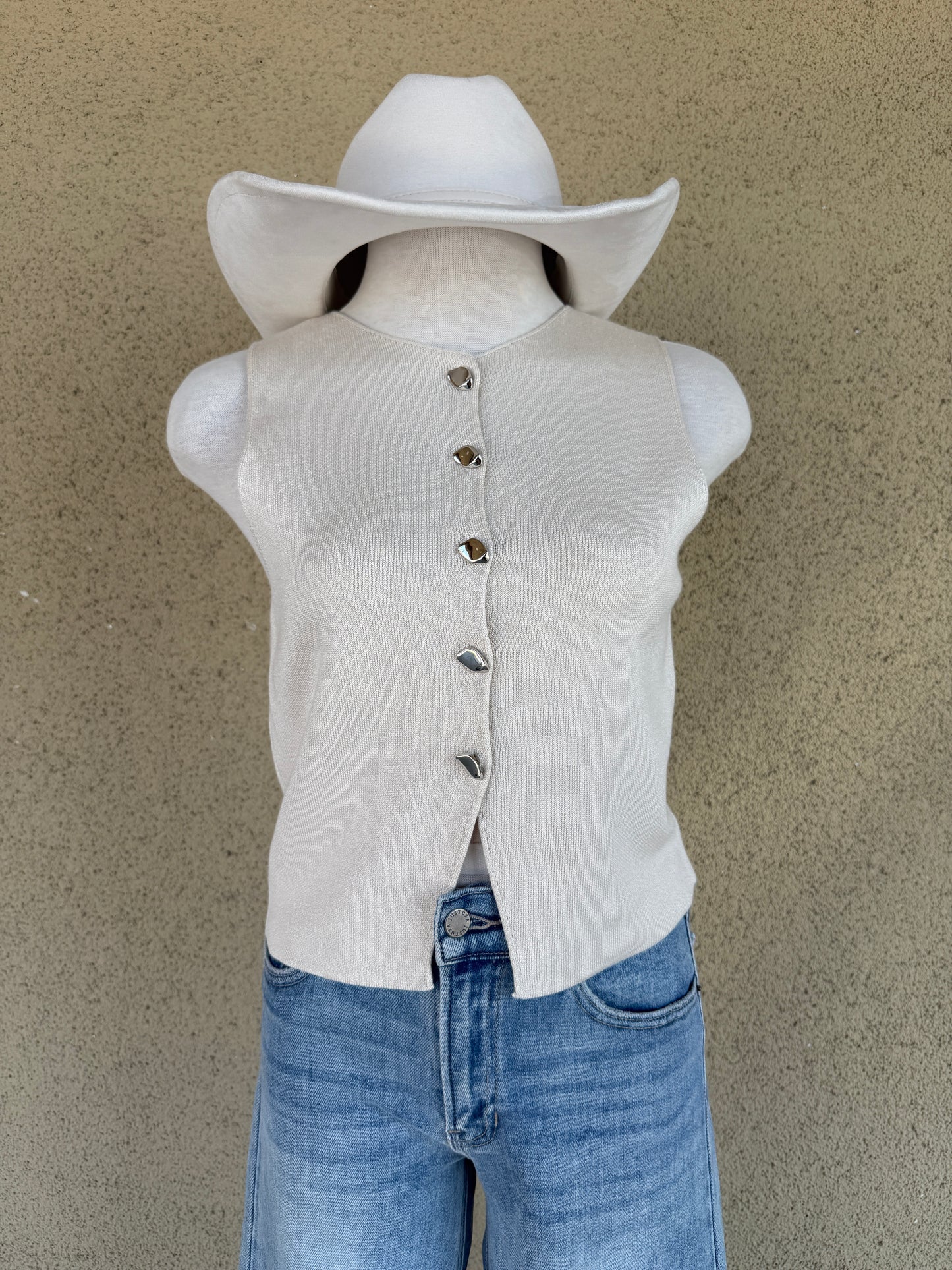 Knit Vest with Metal Button - Ivory
