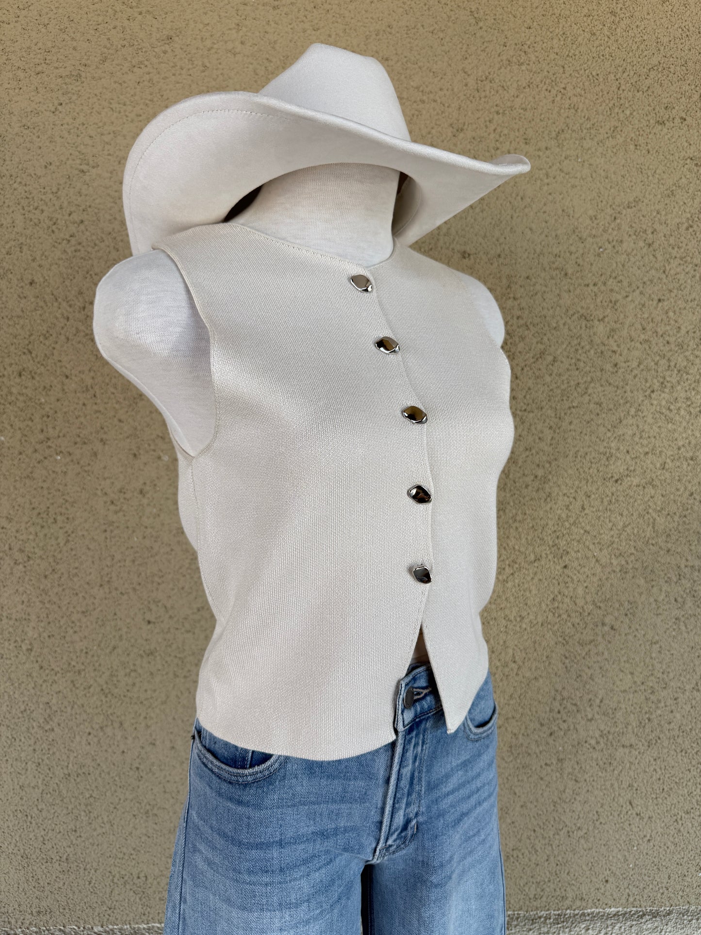 Knit Vest with Metal Button - Ivory