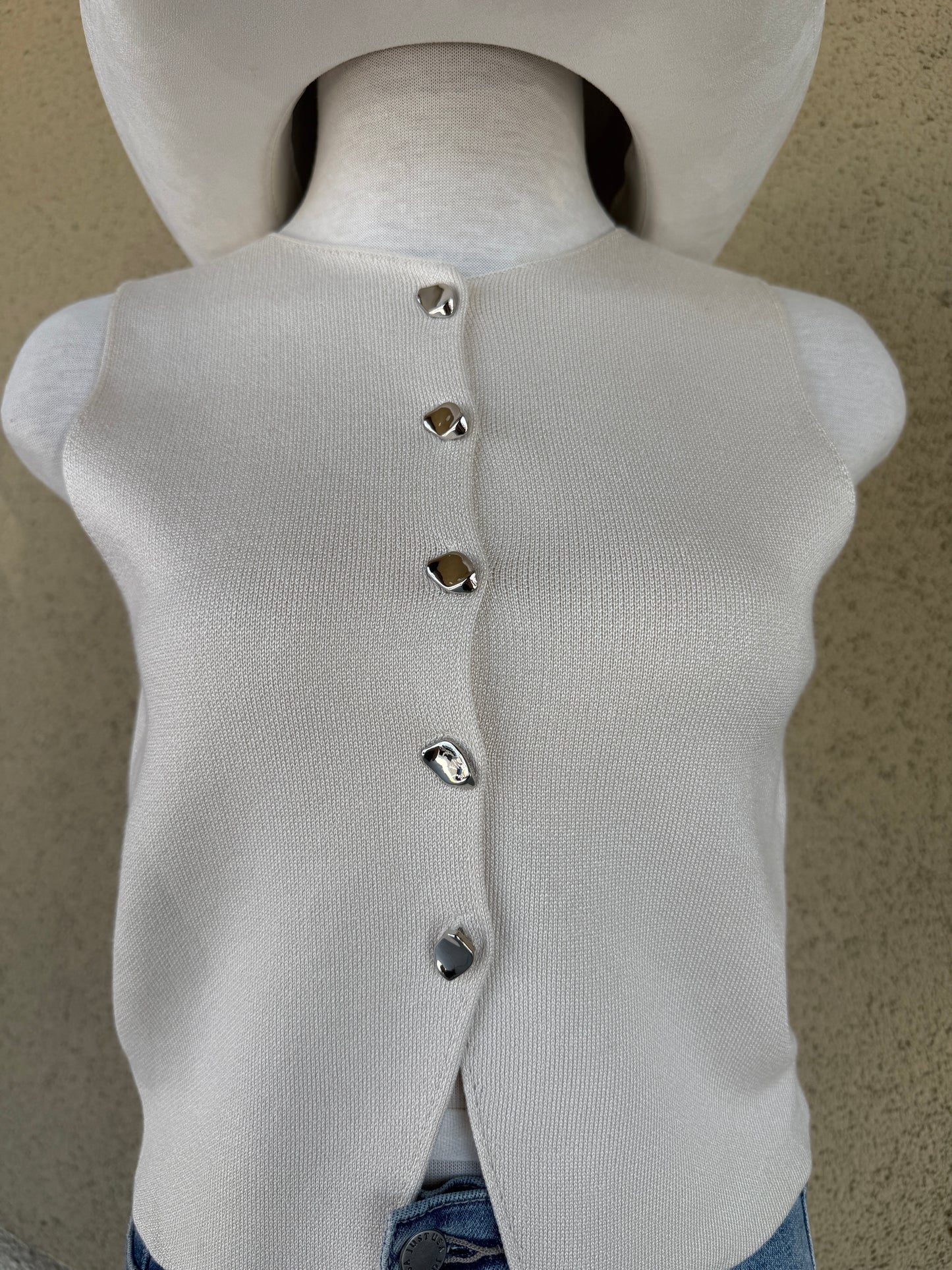 Knit Vest with Metal Button - Ivory