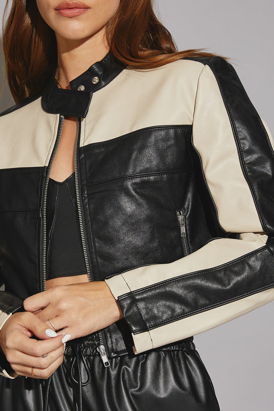 Color Block Leather Jacket- Black