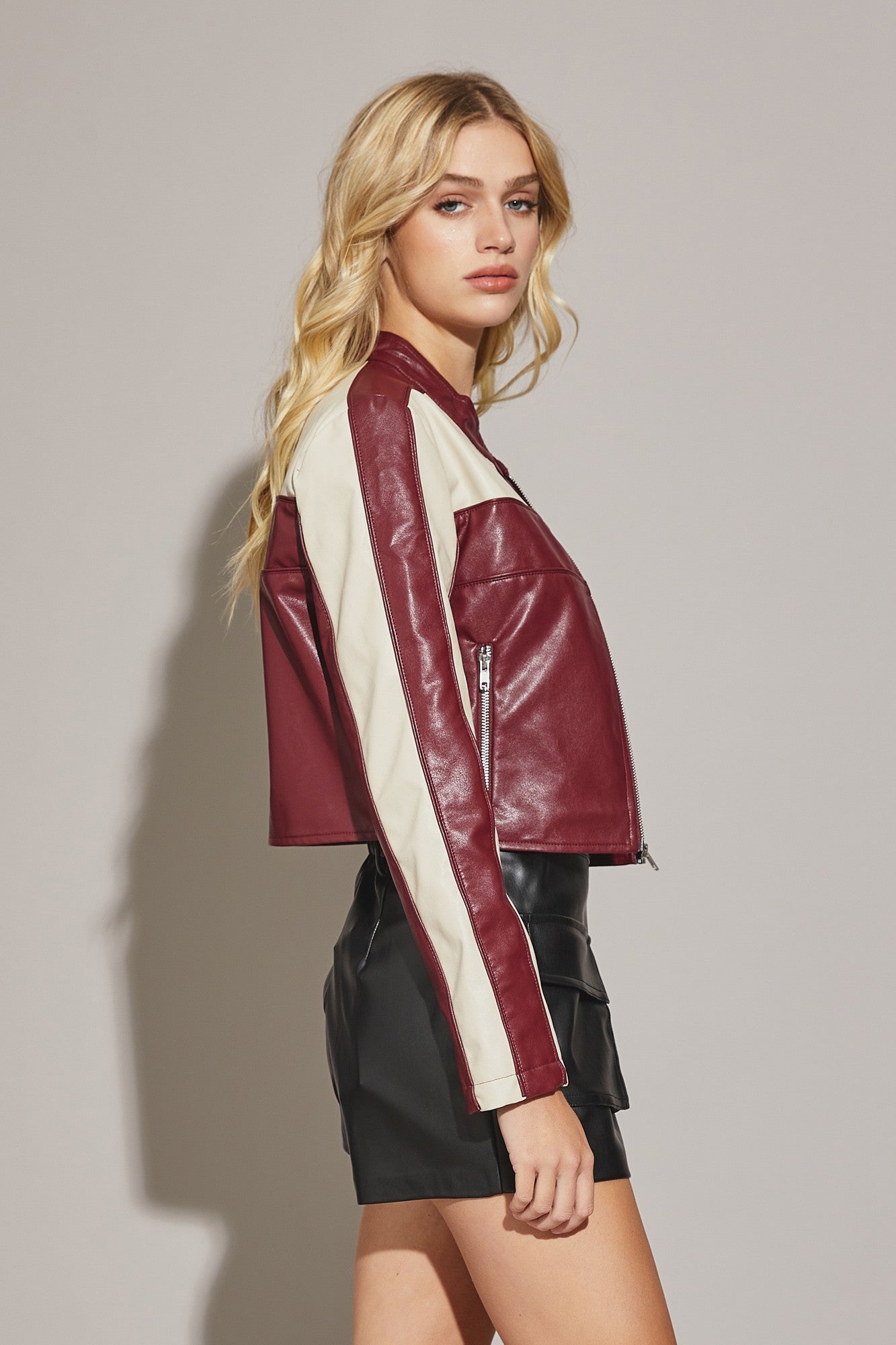 Color Block Leather Jacket- Maroon