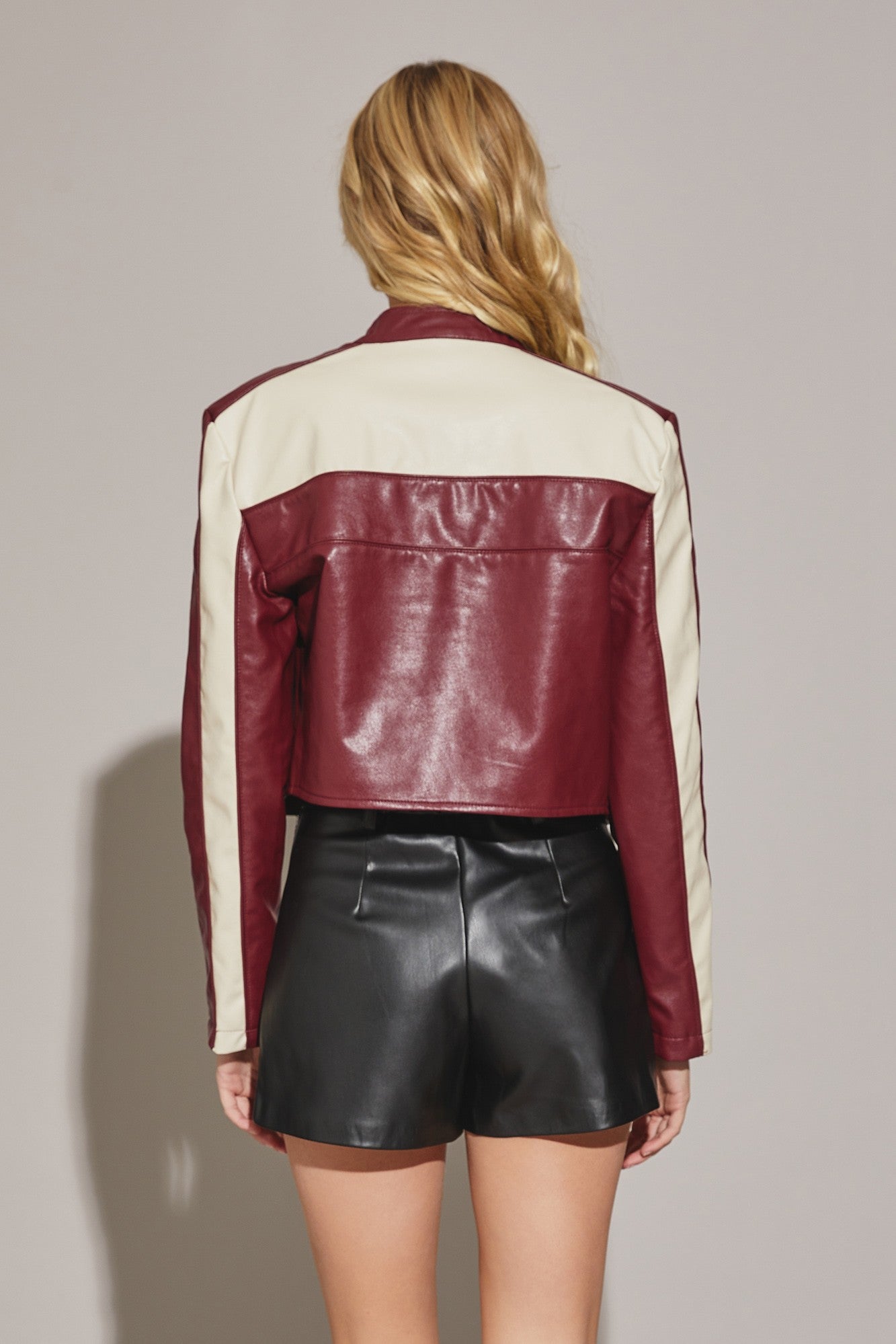 Color Block Leather Jacket- Maroon