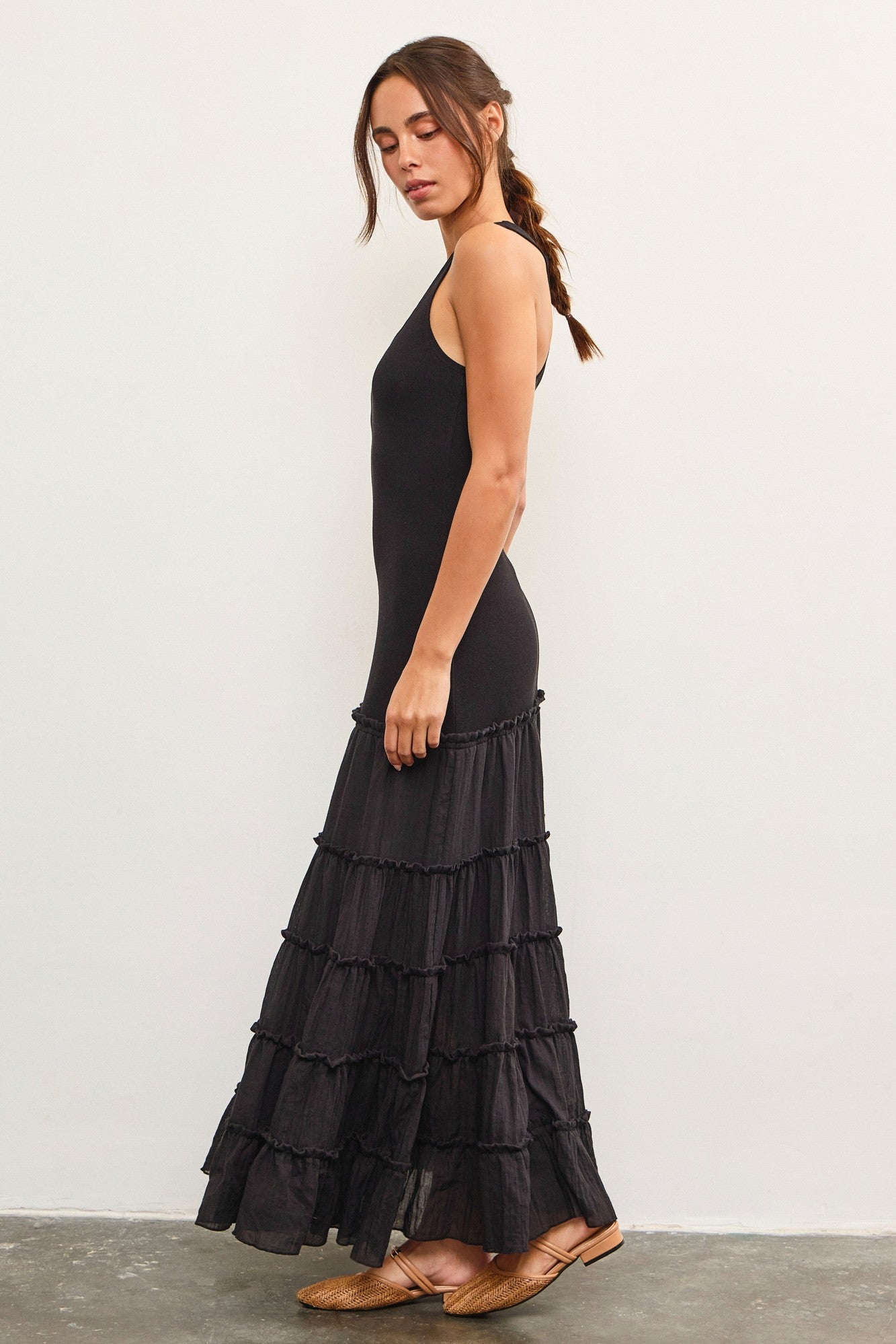 Mixed Media Tiered Maxi Dress - Black