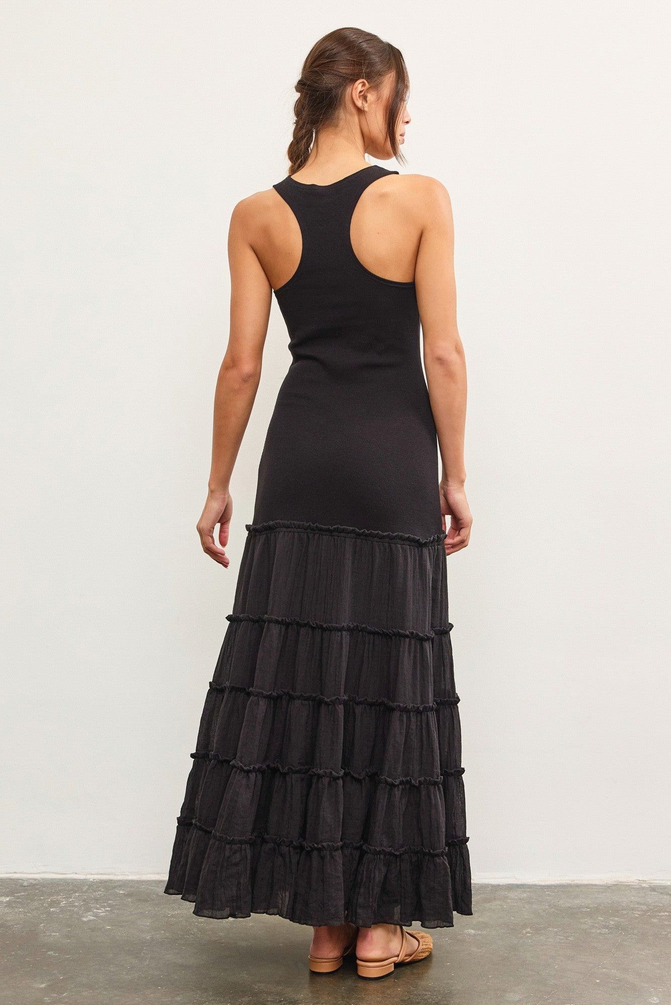 Mixed Media Tiered Maxi Dress - Black