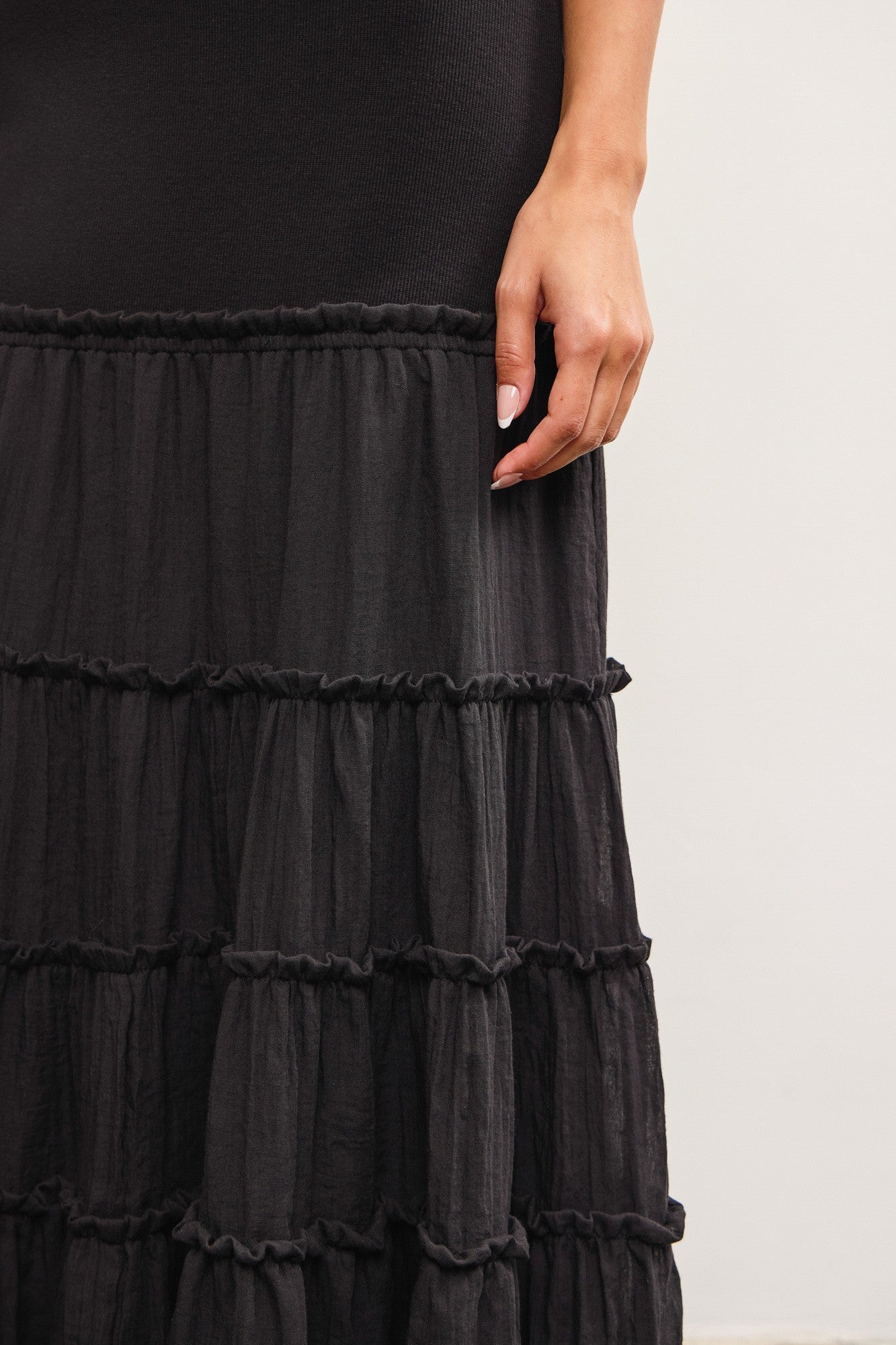 Mixed Media Tiered Maxi Dress - Black