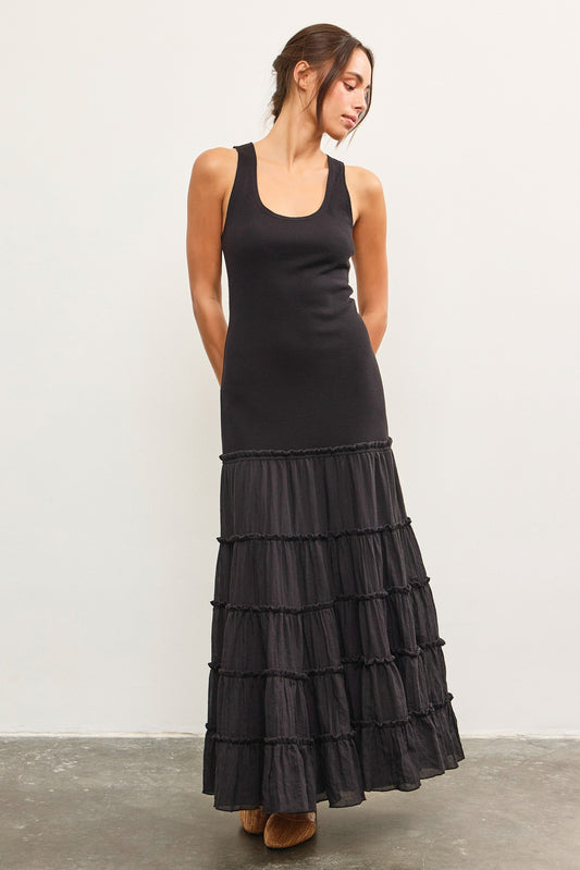 Mixed Media Tiered Maxi Dress - Black