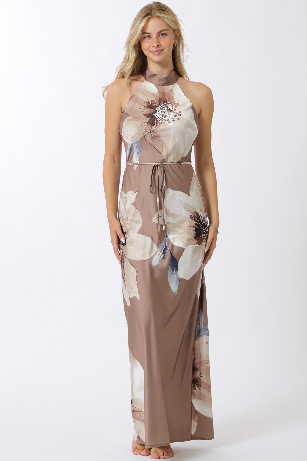 AaKaa High Neck Tie Waist Maxi Dress