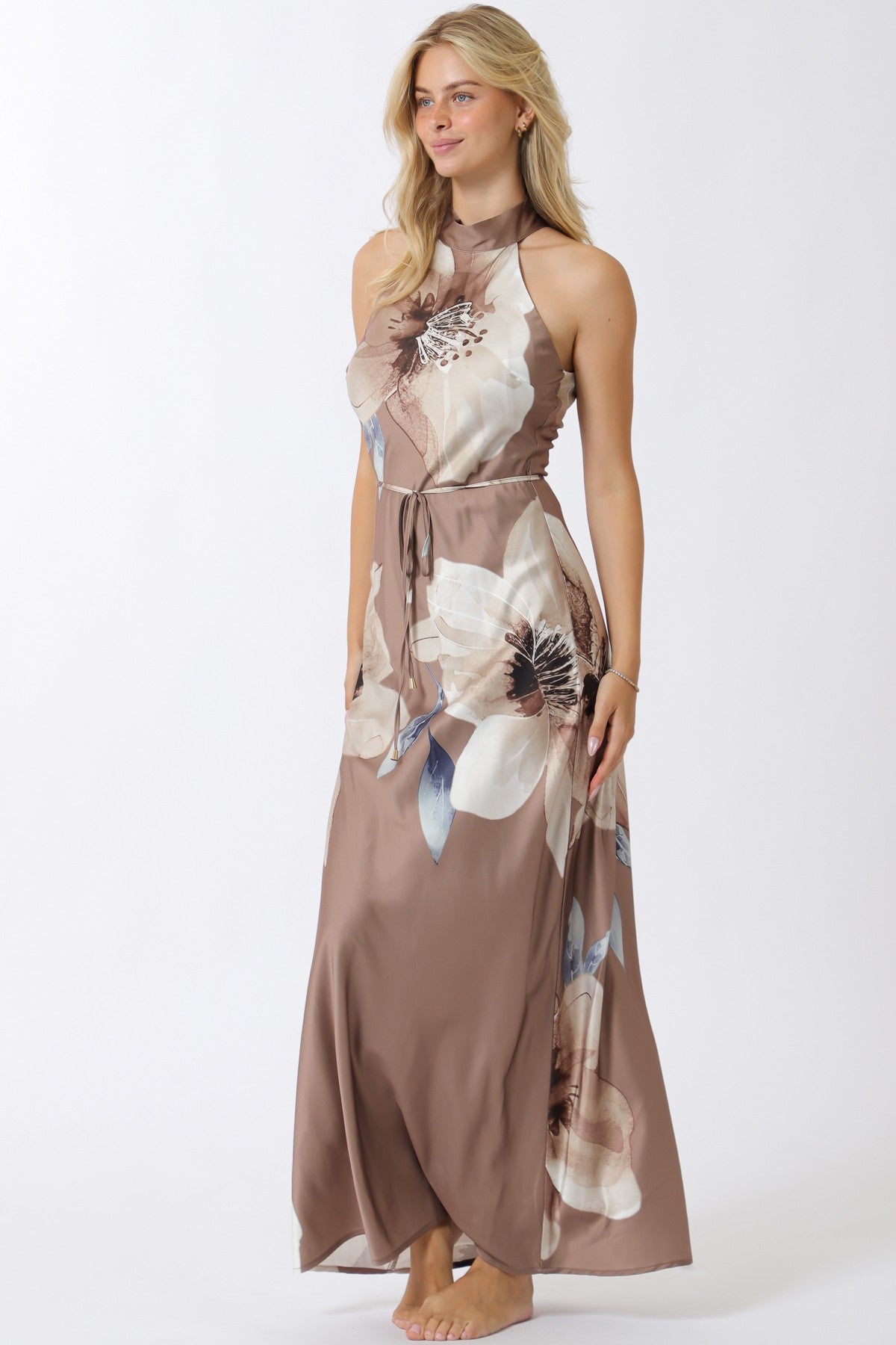 AaKaa High Neck Tie Waist Maxi Dress
