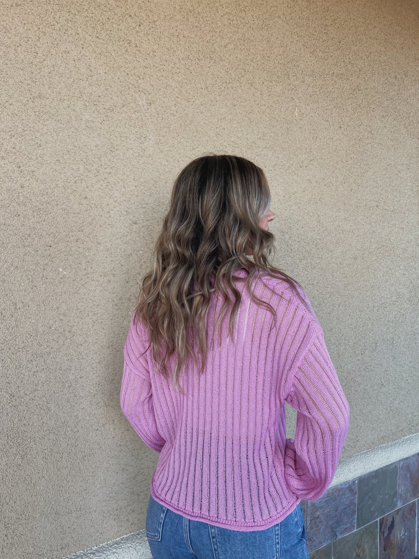 Pink Open Knit Long Sleeve