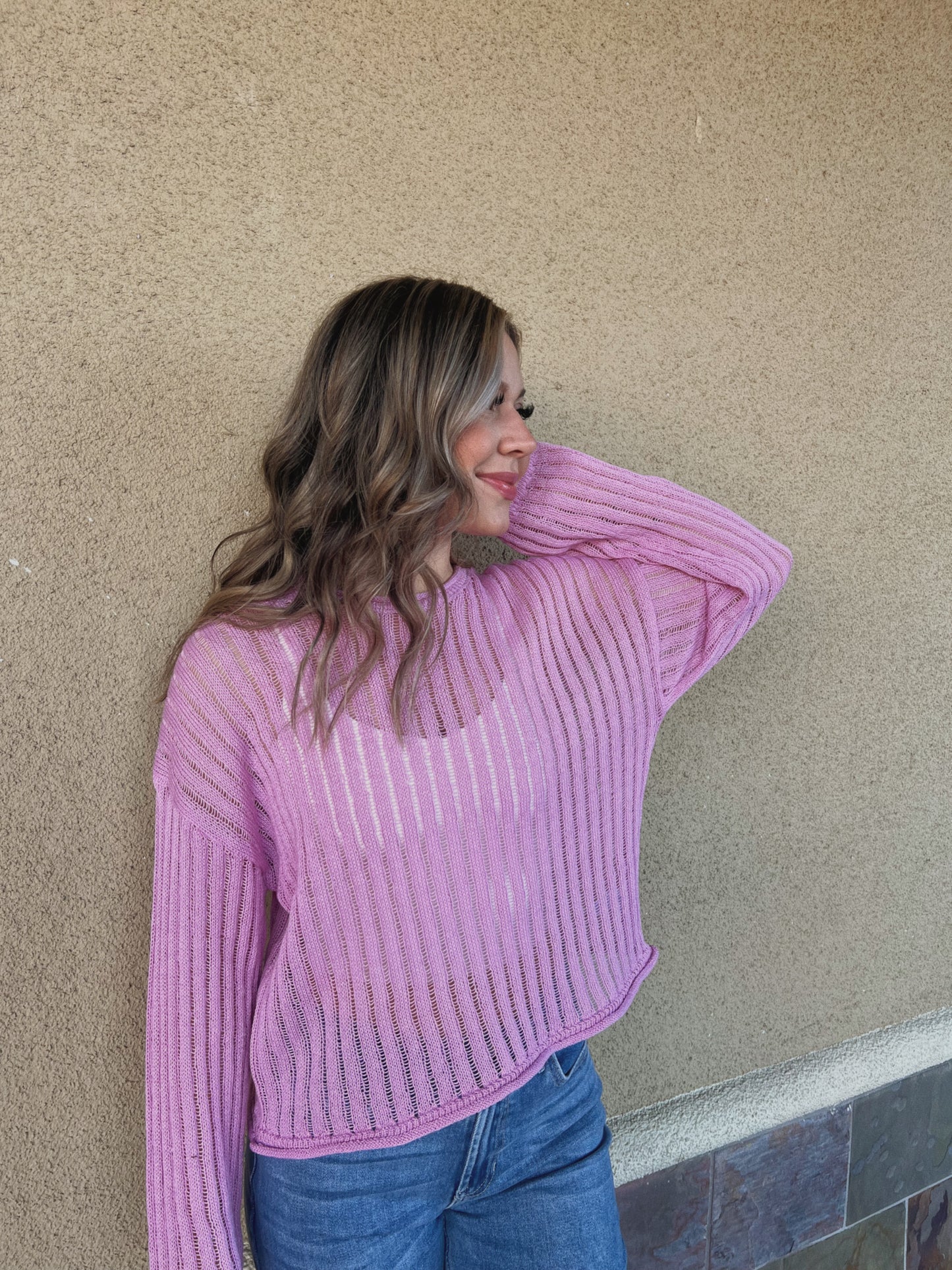 Pink Open Knit Long Sleeve