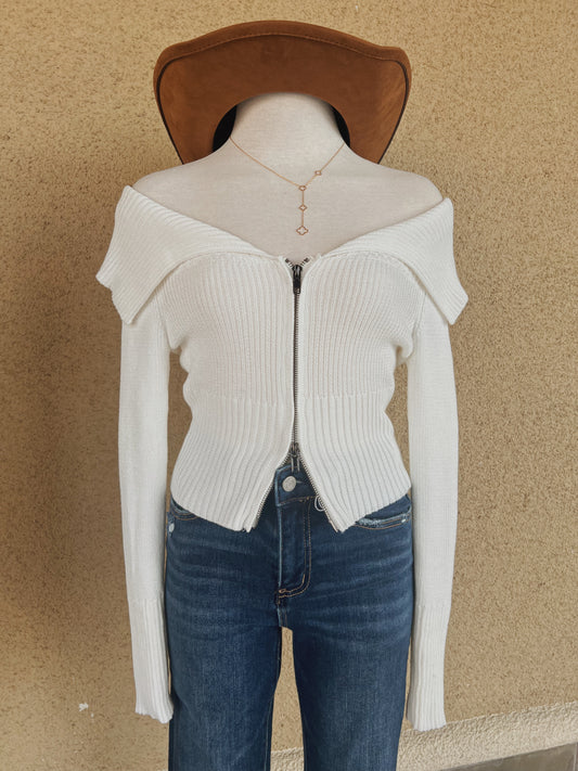 Off-the shoulder zip-up sweater