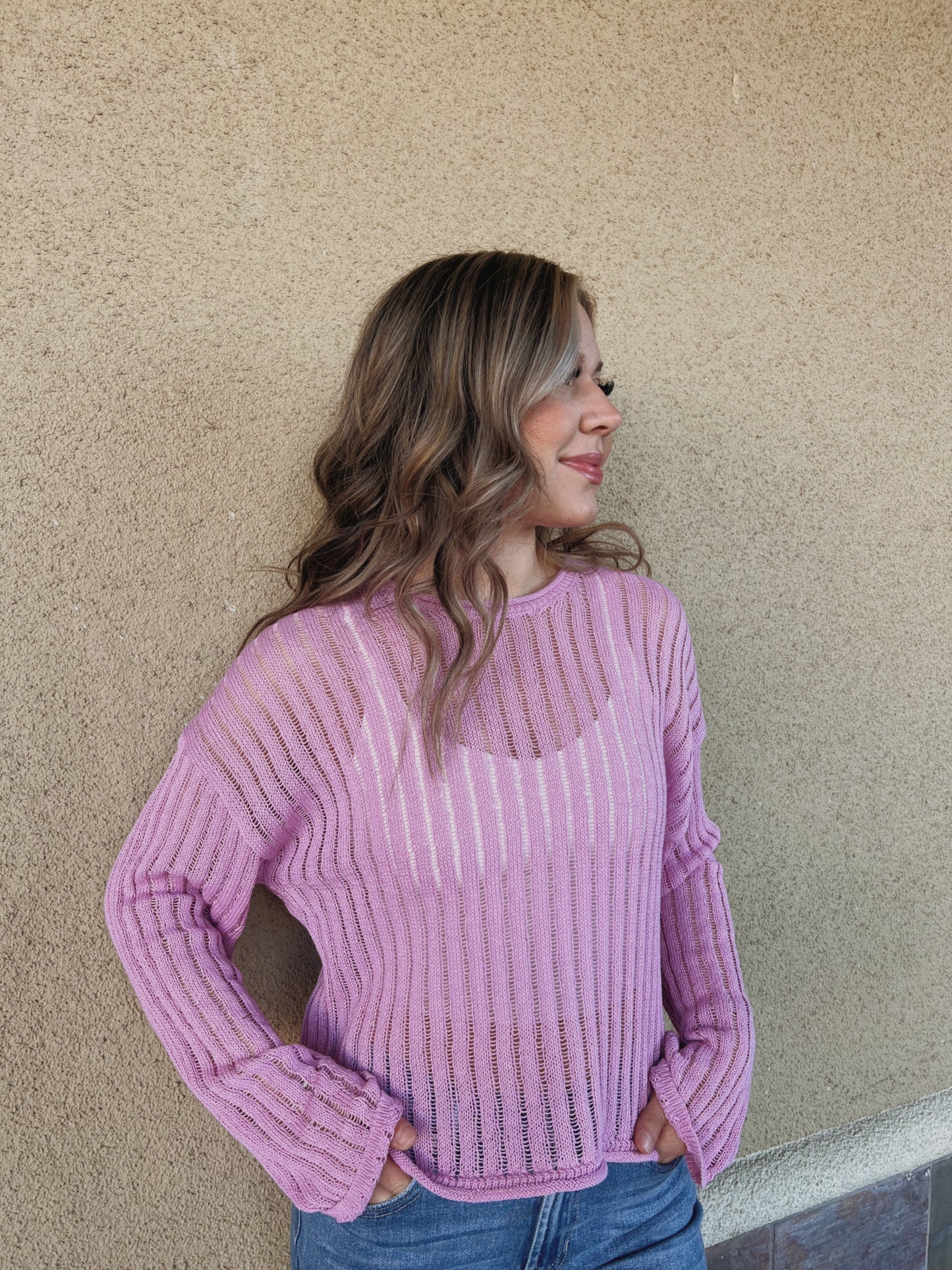 Pink Open Knit Long Sleeve