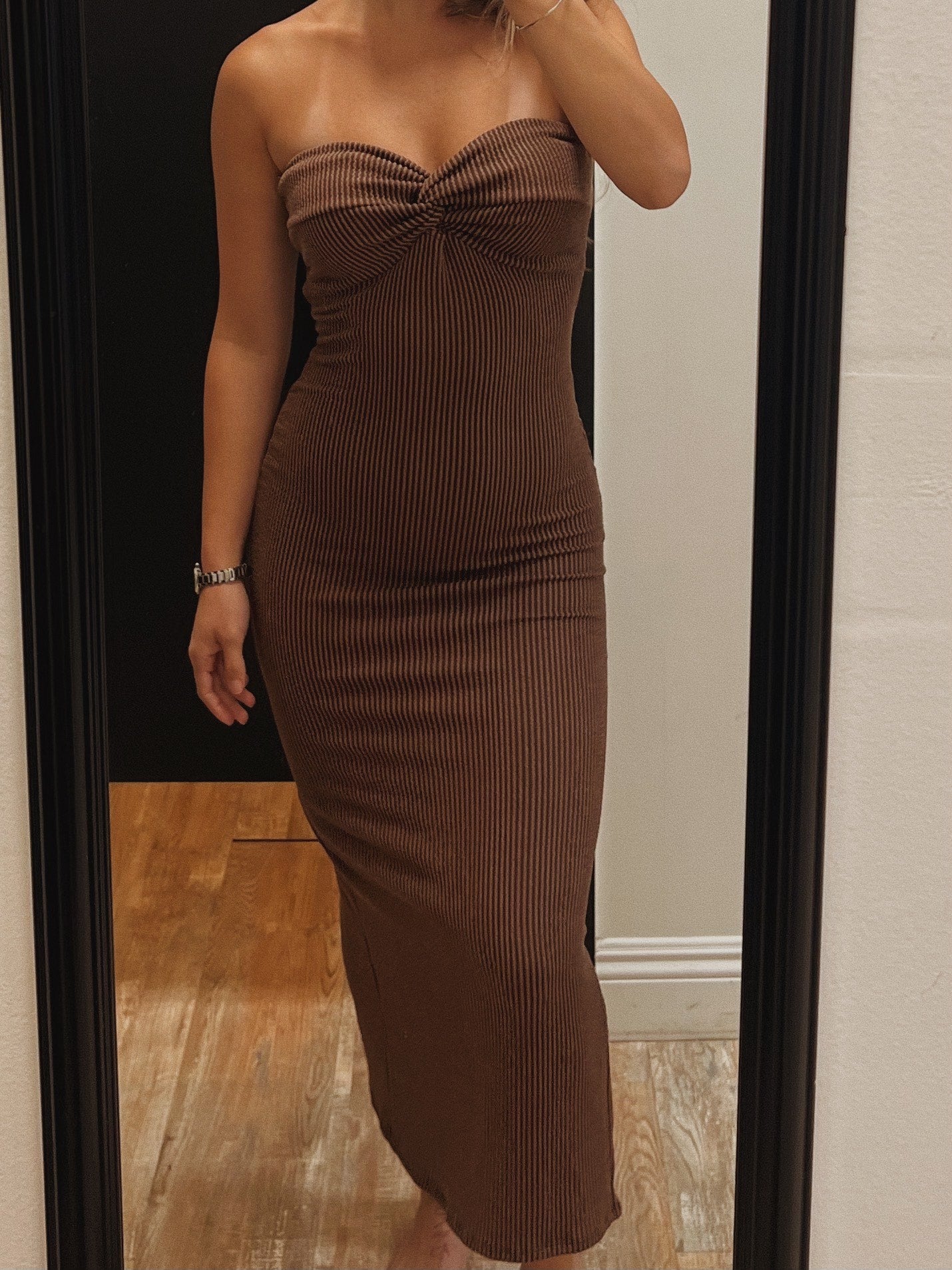 Brown Washed Strapless Dress