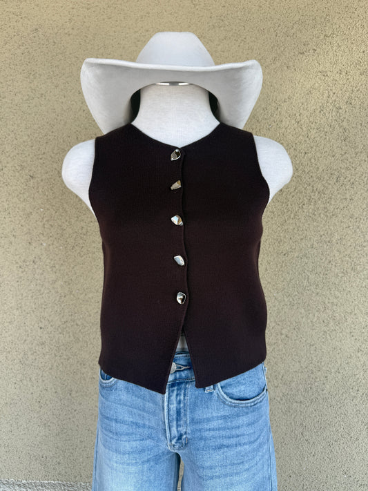Knit Vest with Metal Button- Dark Brown