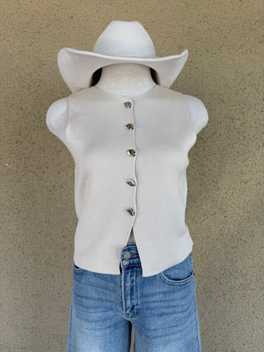 Knit Vest with Metal Button - Ivory