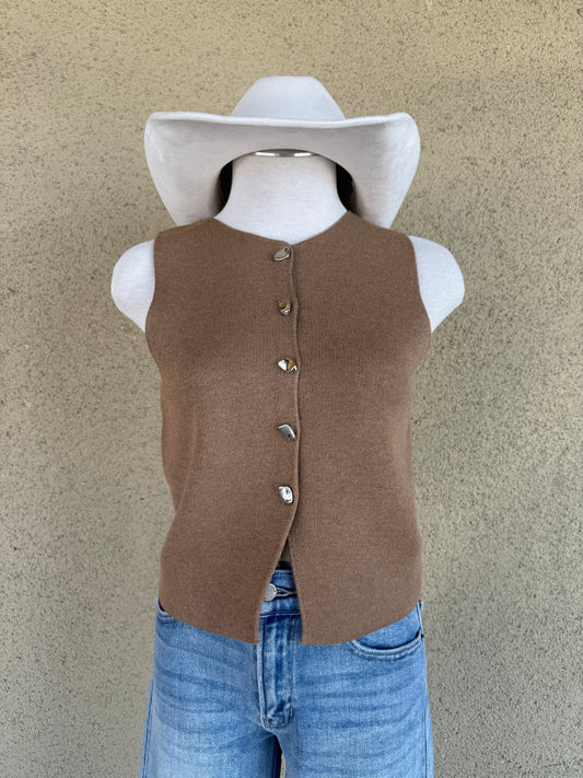 Knit Vest With Metal Button - Camel