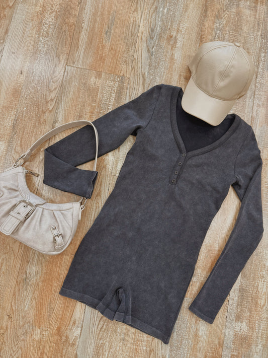 Soft Feel Long Sleeve Romper - Washed Charcoal