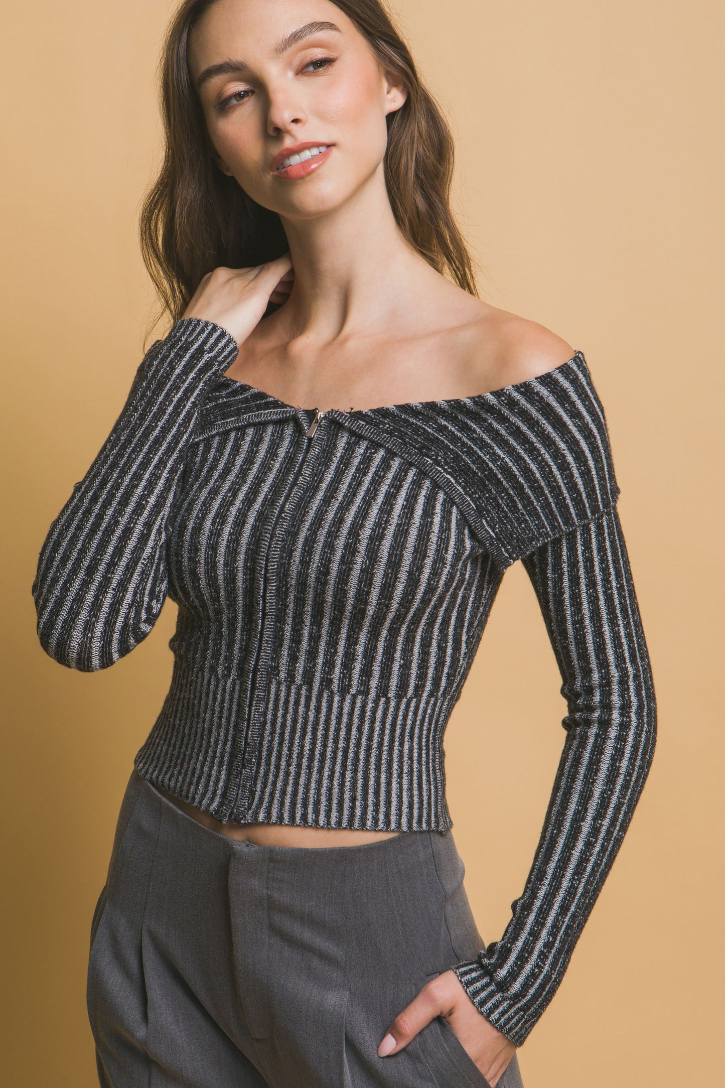 Ribbed Bardot Zip Up Sweater